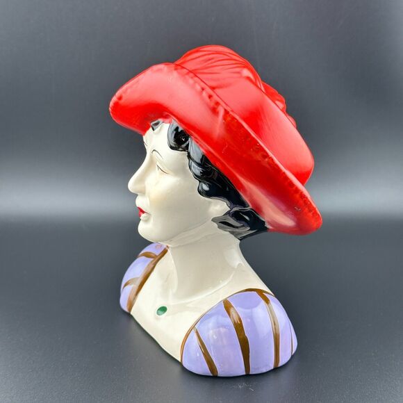 Vintage Lady Head Bust Figurine Ceramic Red Hat with Feather Hand Painted 5.5" H - Picture 3 of 8